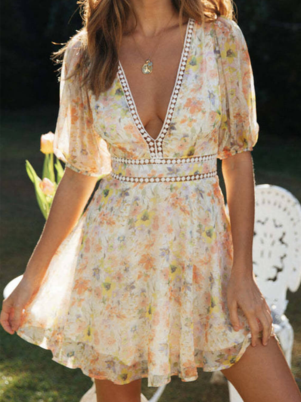 Chiffon Printed V - Neck Puff Sleeve Mini Dress