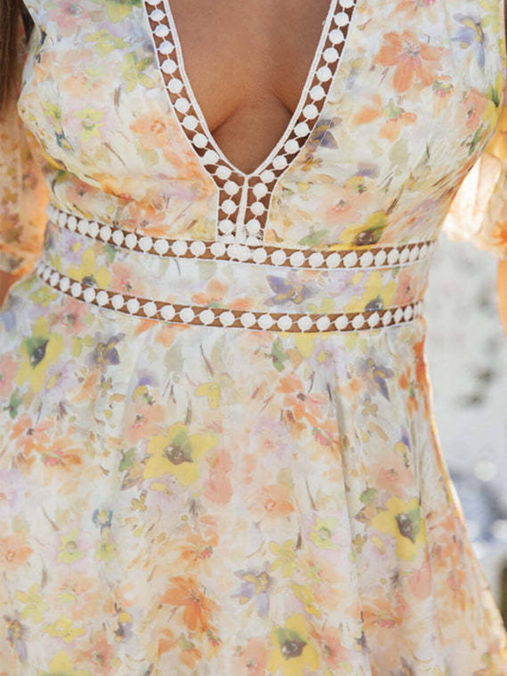 Chiffon Printed V - Neck Puff Sleeve Mini Dress