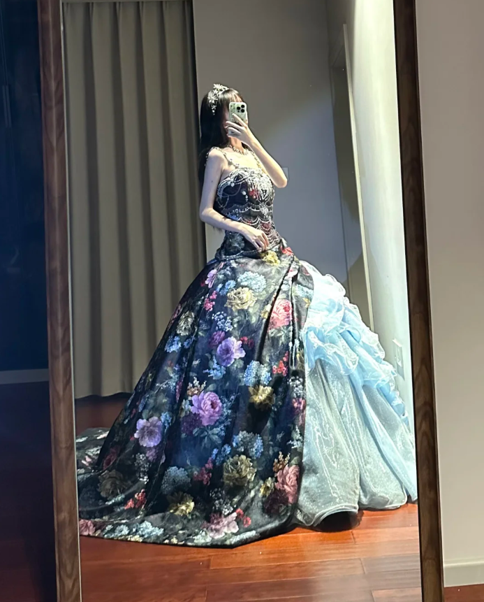 Unique Strapless Satin Print Floral Tulle Sequin Sweet 16 Dress Formal Quinceanera Dress