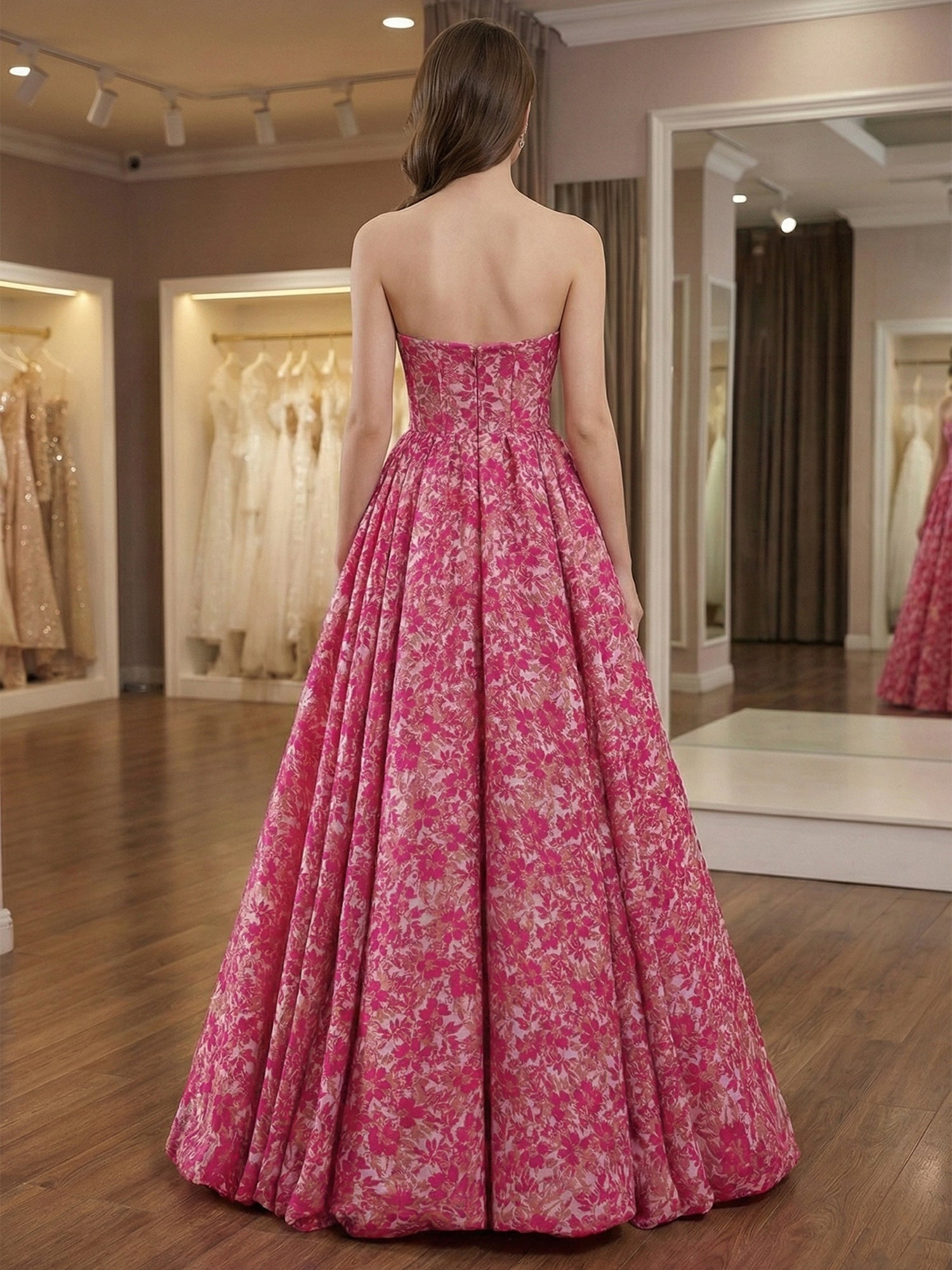 Radiant Rose Pink Floral Brocade Strapless A-Line Prom Dress