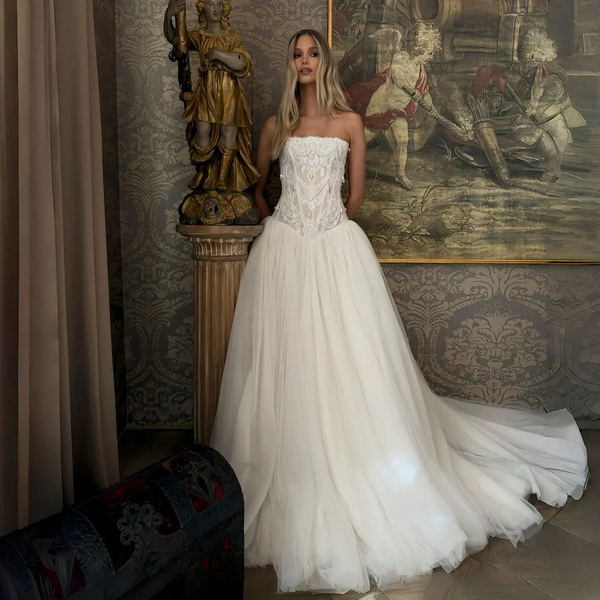 Dreamy White Strapless Lace Corset Bodice Tulle Ball Gown Wedding Dress ZP088