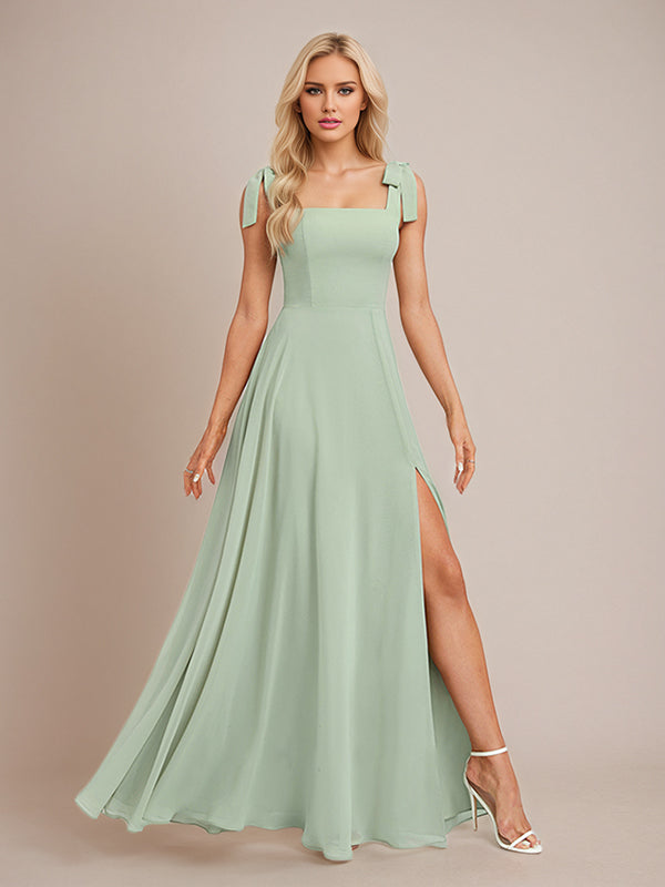 Sage A Line Chiffon Square Neck Floor Length Bridesmaid Dress With Bow