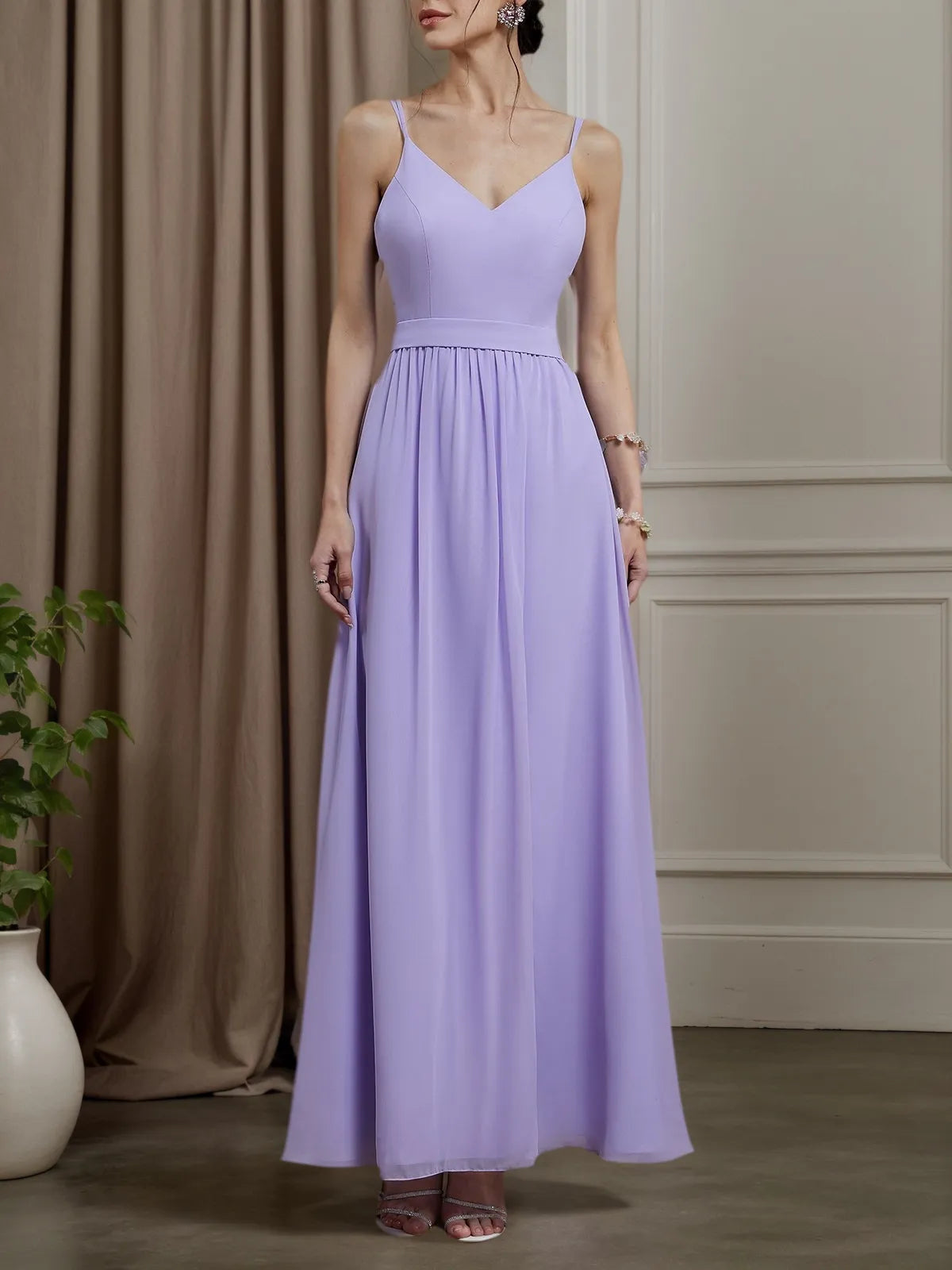Lavender Purple Chiffon Spaghetti Gallus A-Line Gown Bridesmaid Dress