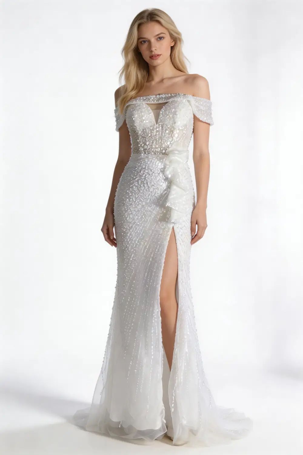 Off-the-Shoulder Sequin Mermaid Formal Gown with High Slit & Ruffle Detail by tangjianjun