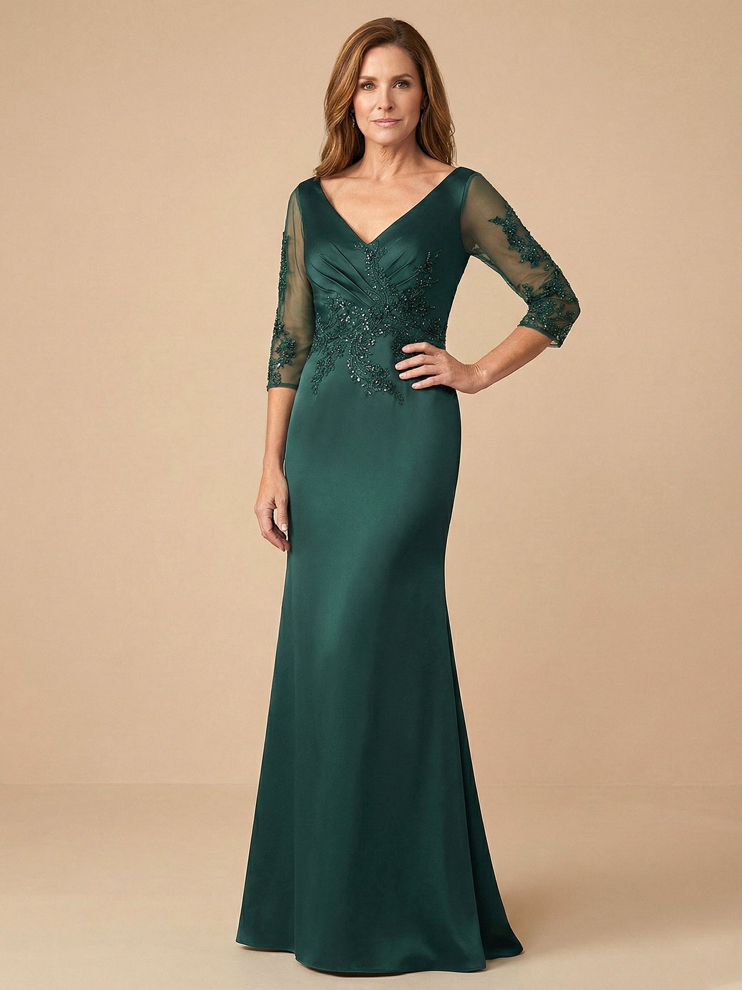Half Sleeves Lace Applique Mermaid Satin Mother of the Bride Dress for Women