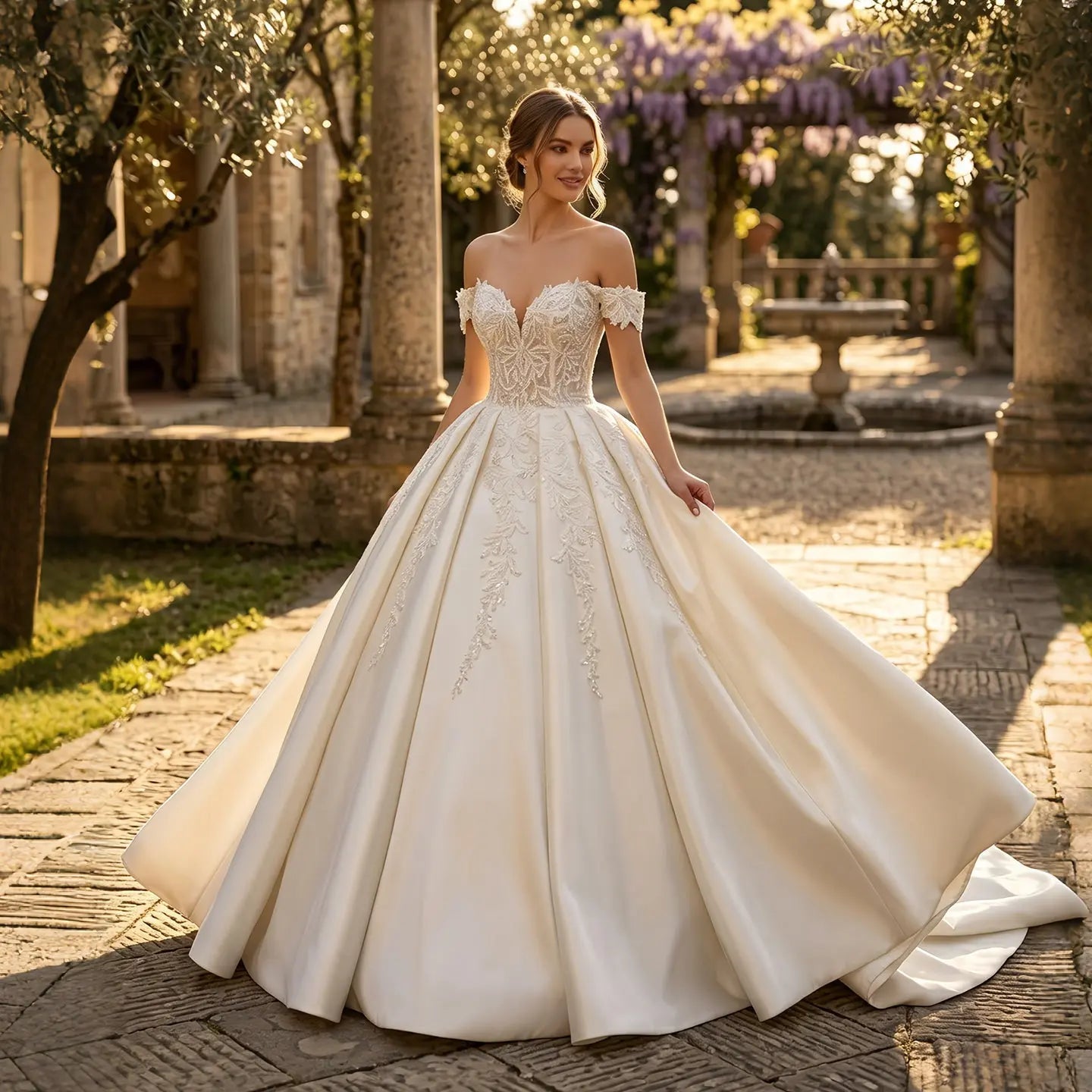 Luxury White Off-the-Shoulder Lace Satin Ball Gown Wedding Dress ZP069