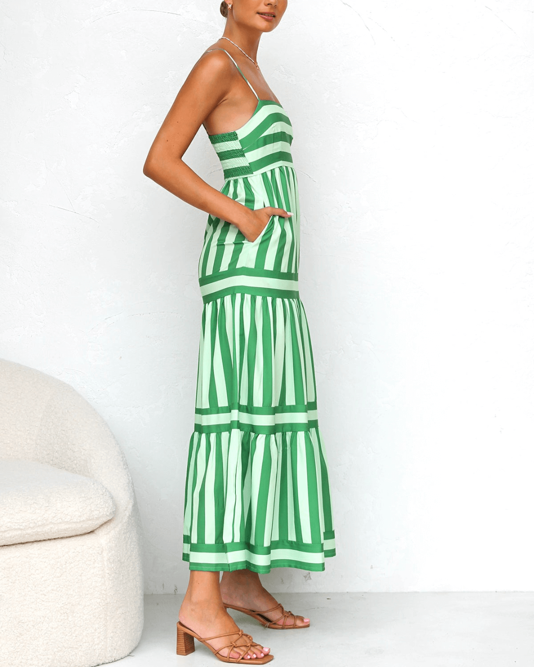 Multi Green Striped Maxi Dress - Fashionpara