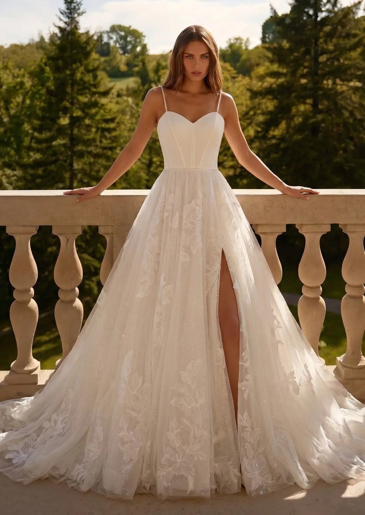 Elegant White Spaghetti Strap Satin Bodice Lace Tulle Wedding Dress with Train ZP065