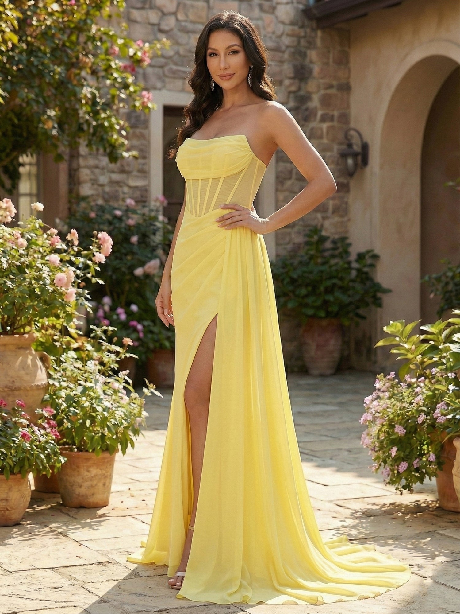 Sunlit Radiance Yellow Corset Chiffon Prom Gown with Slit