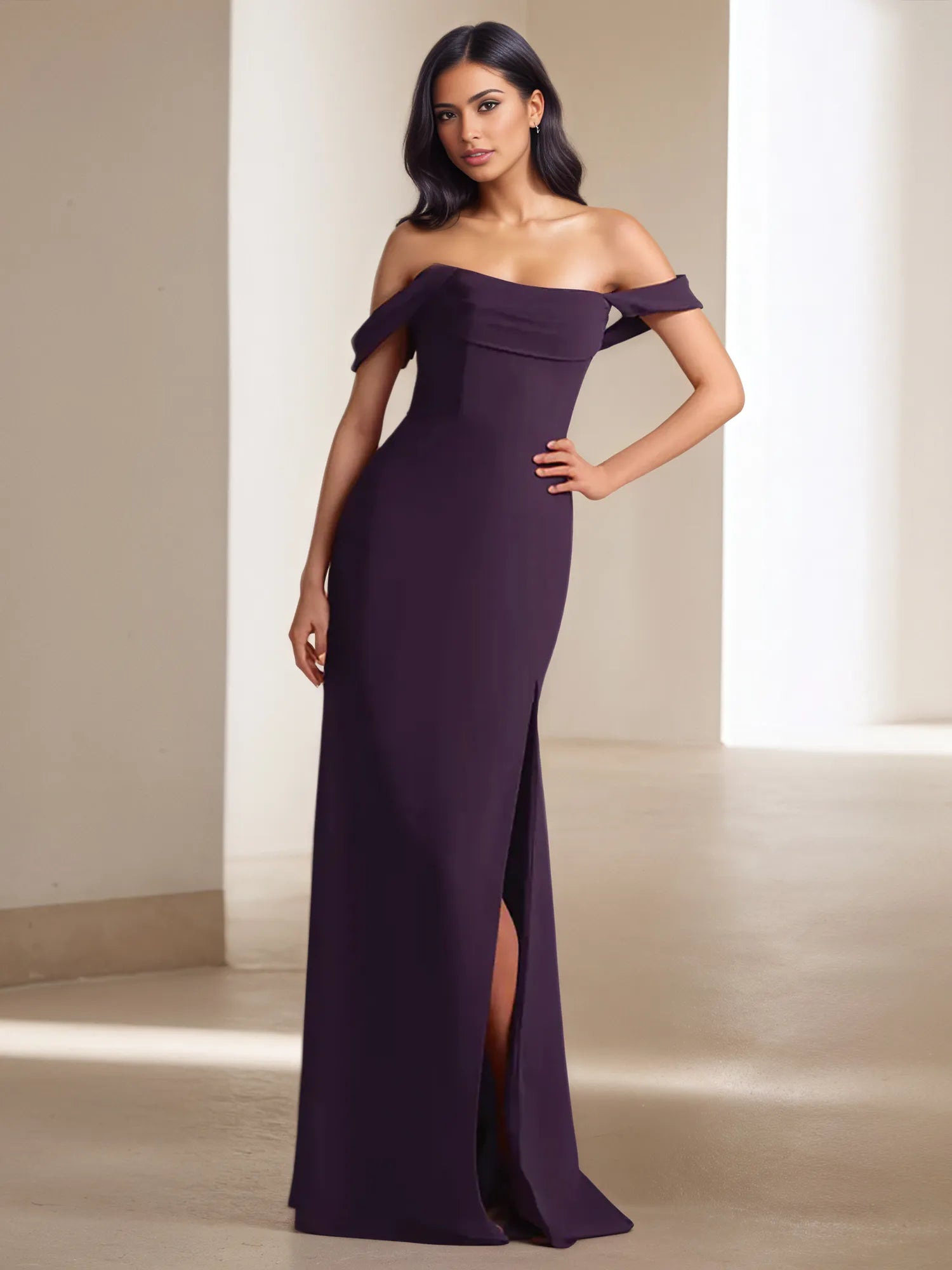 Off-Shoulder Fitted High-Slit Maxi Gown Formal Evening Dress