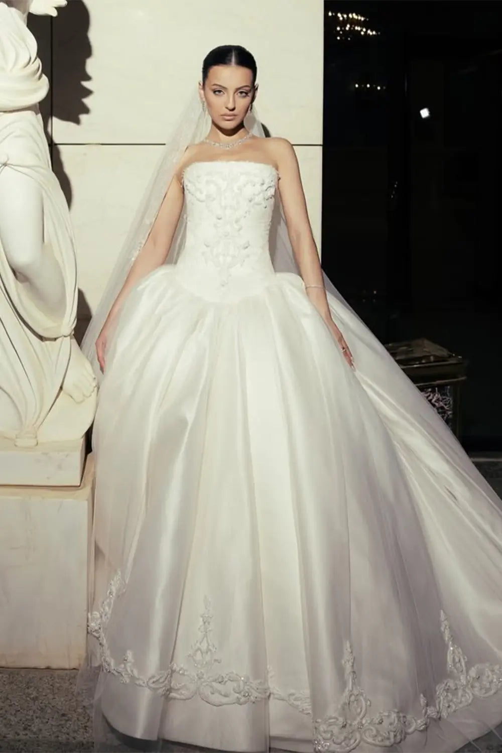 White Satin Tulle Ball Gown Bridal Dress with Embroidered Lace Bodice ZP207