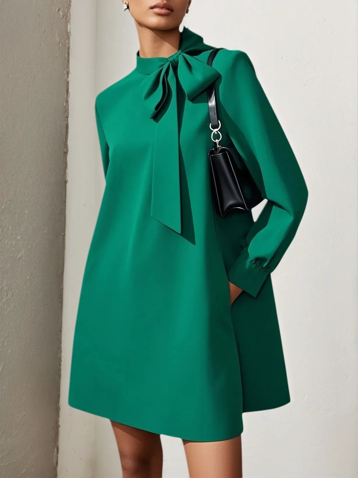 Green Bow Classic Tie Neck Long Sleeve A-Line Mini Dress - FashionDia