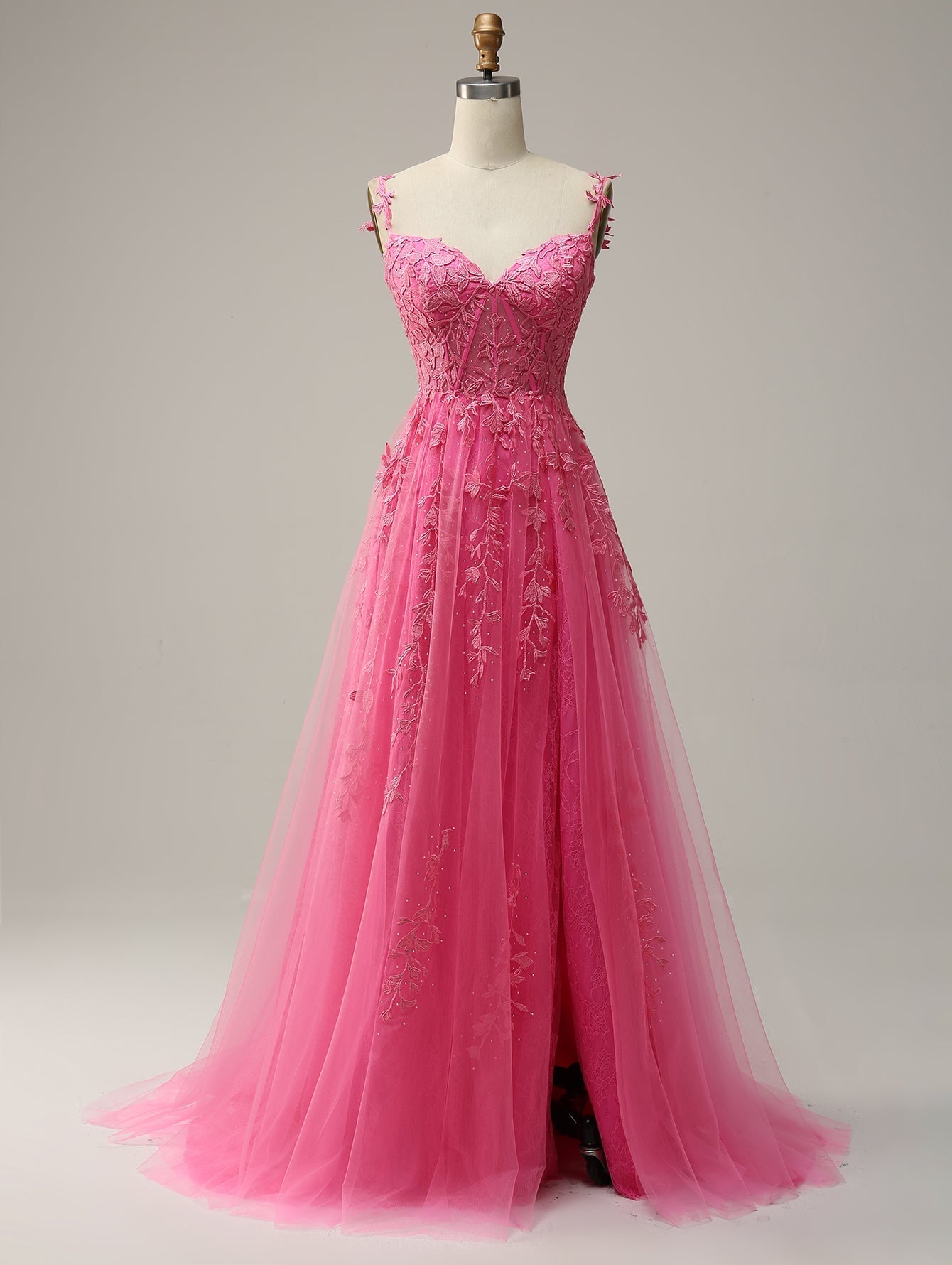 A Line Lilac Straps Lace Long Prom Dress - Fashionpara