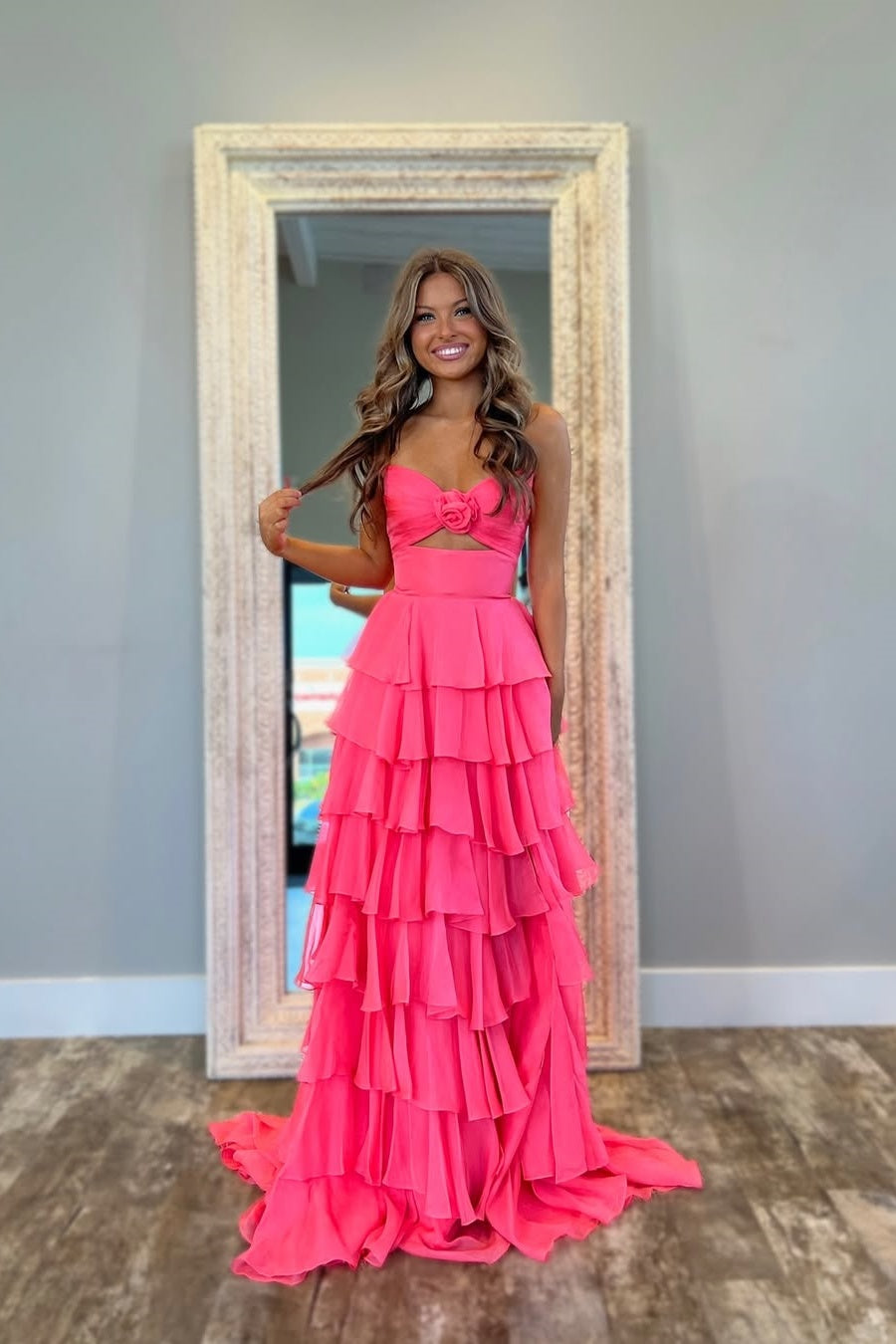 Sweety A-Line Sweetheart Pink Printed Long Tiered Prom Dress with Slit