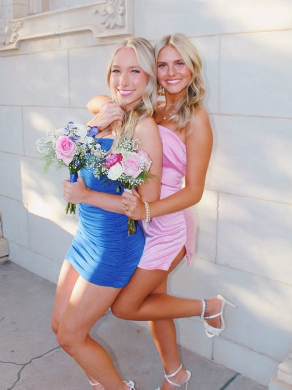 Cute Sheath Strapless Pink Short Homecoming Dress with Slit