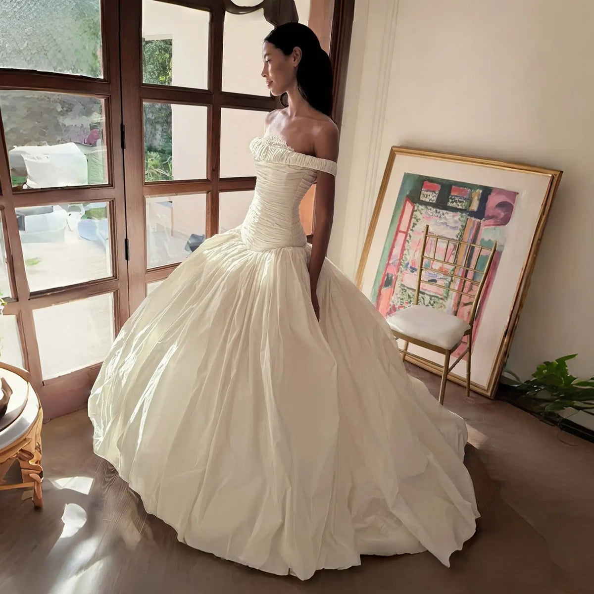 Elegant Ivory Strapless Ruched Satin Ball Gown Wedding Dress ZP070