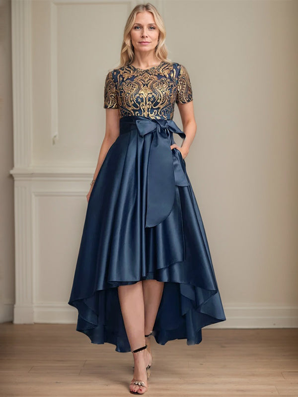 A-line Scoop Asymmetrical Satin Sequin Lace Mother of the Bride Dress With Bow