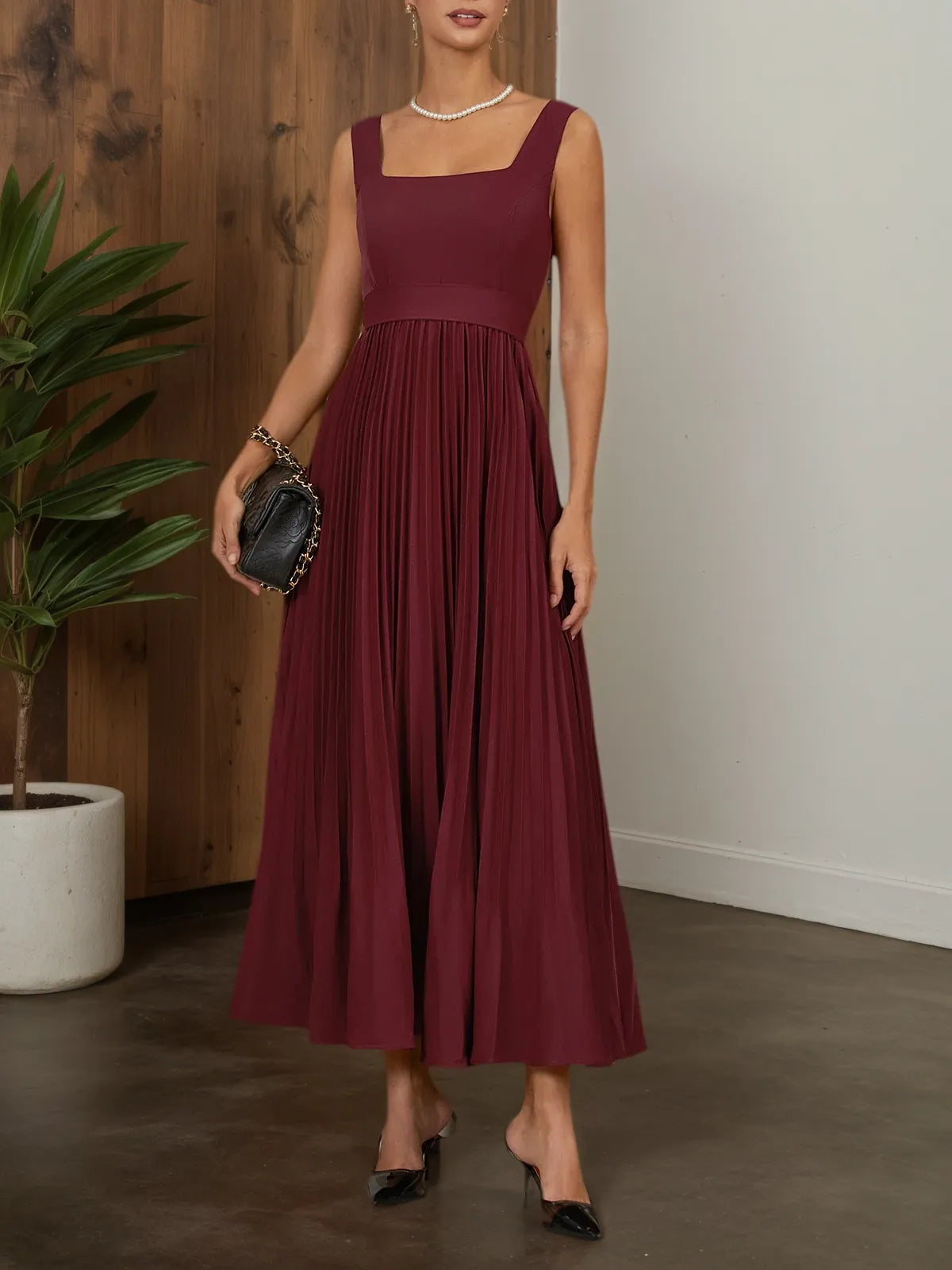 Wine Red Pleated Classic Square Neck Sleeveless A-Line Maxi Dress