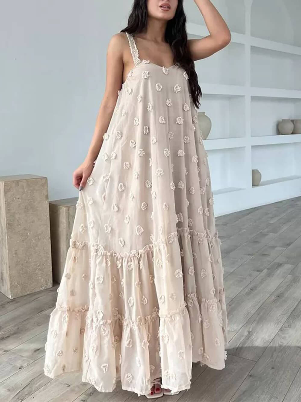 Pretty Flower Decor A - Line Layered Loose Maxi Dress