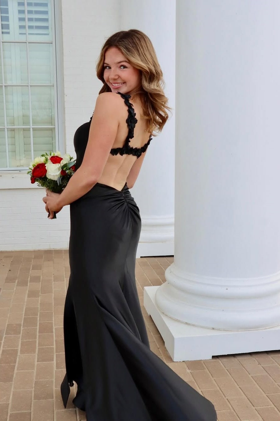 Red Mermaid Straps Keyhole Back Long Satin Prom Dress With Slit