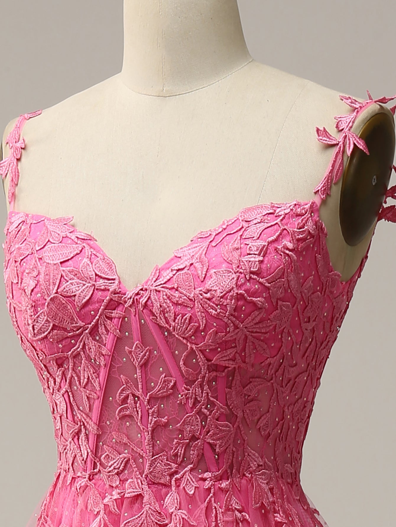 A Line Navy Straps Lace Long Prom Dress - Fashionpara