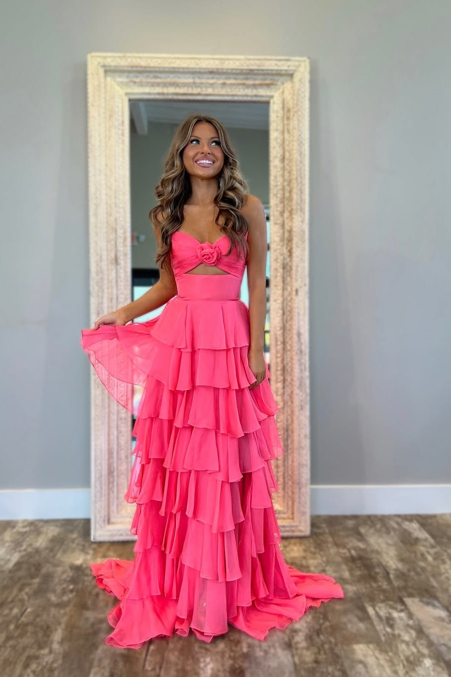 Sweety A-Line Sweetheart Pink Printed Long Tiered Prom Dress with Slit