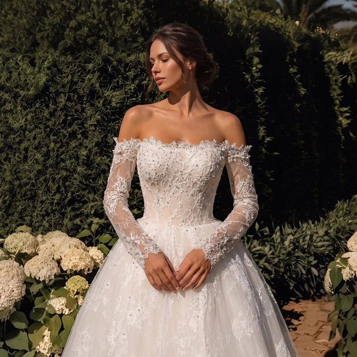 White Lace and Tulle Ball Gown Wedding Dress Off the Shoulder Beaded Bridal Dress ZP013