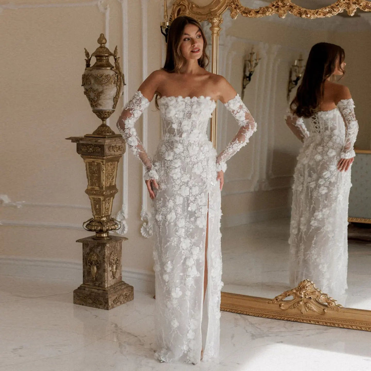 Luxury 3D Floral Sequin Strapless Wedding Dress with Detachable Sleeves ZP188