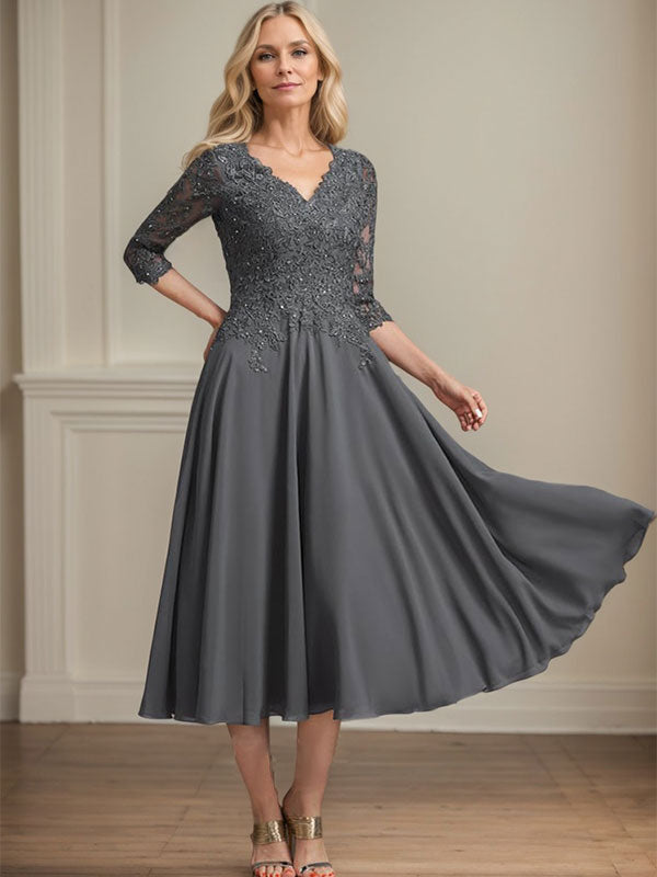 A-line V-Neck Tea-Length Chiffon Lace Mother of the Bride Dress With Beading Sequins - FashionDia