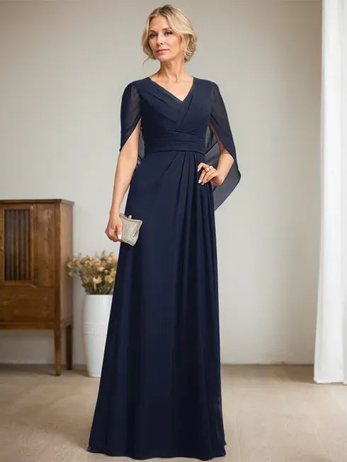 Dark Navy A-Line V-Neck Long Mother of Bride Dress