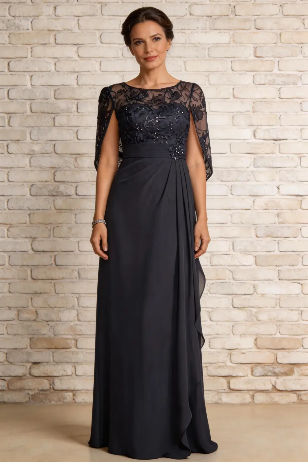 Dark Navy Lace Cape Sleeve Chiffon A-Line Mother of the Bride Formal Gown by tangjianjun