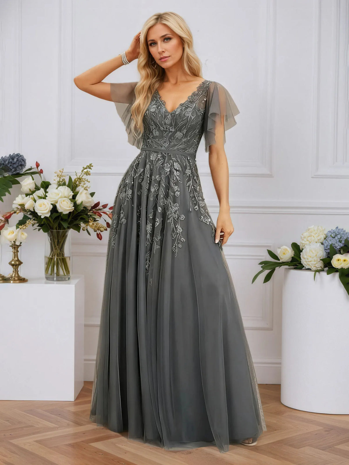 A-line V-Neck Floor-Length Tulle Lace Evening Dress With Sequins - FashionDia