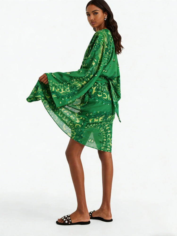 Green Paisley Kimono Sleeve Mini Dress