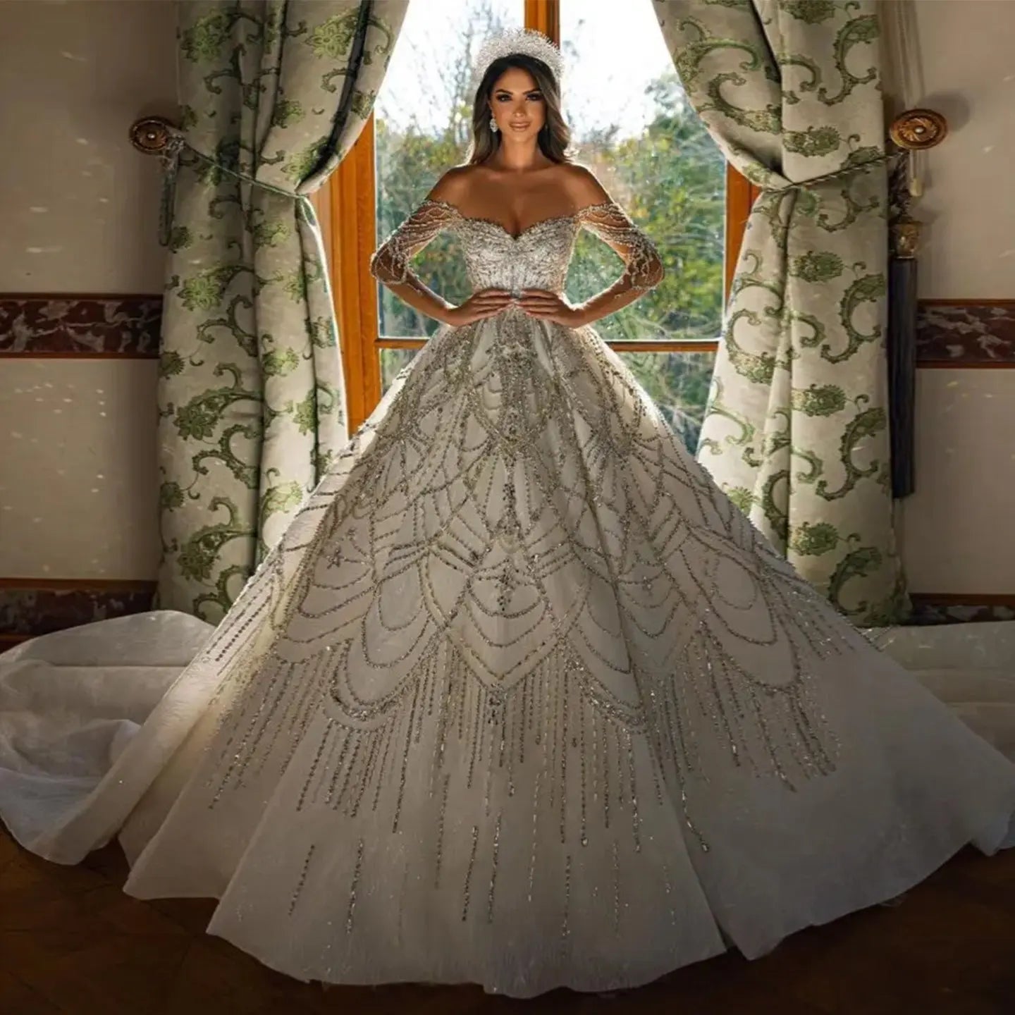 Luxury Beaded Long Sleeve Ball Gown Wedding Dress ZP184