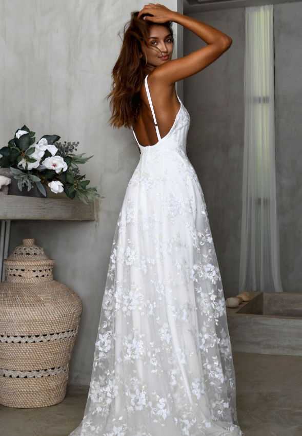 V-neck Lace Open Long Dress - Fashionpara