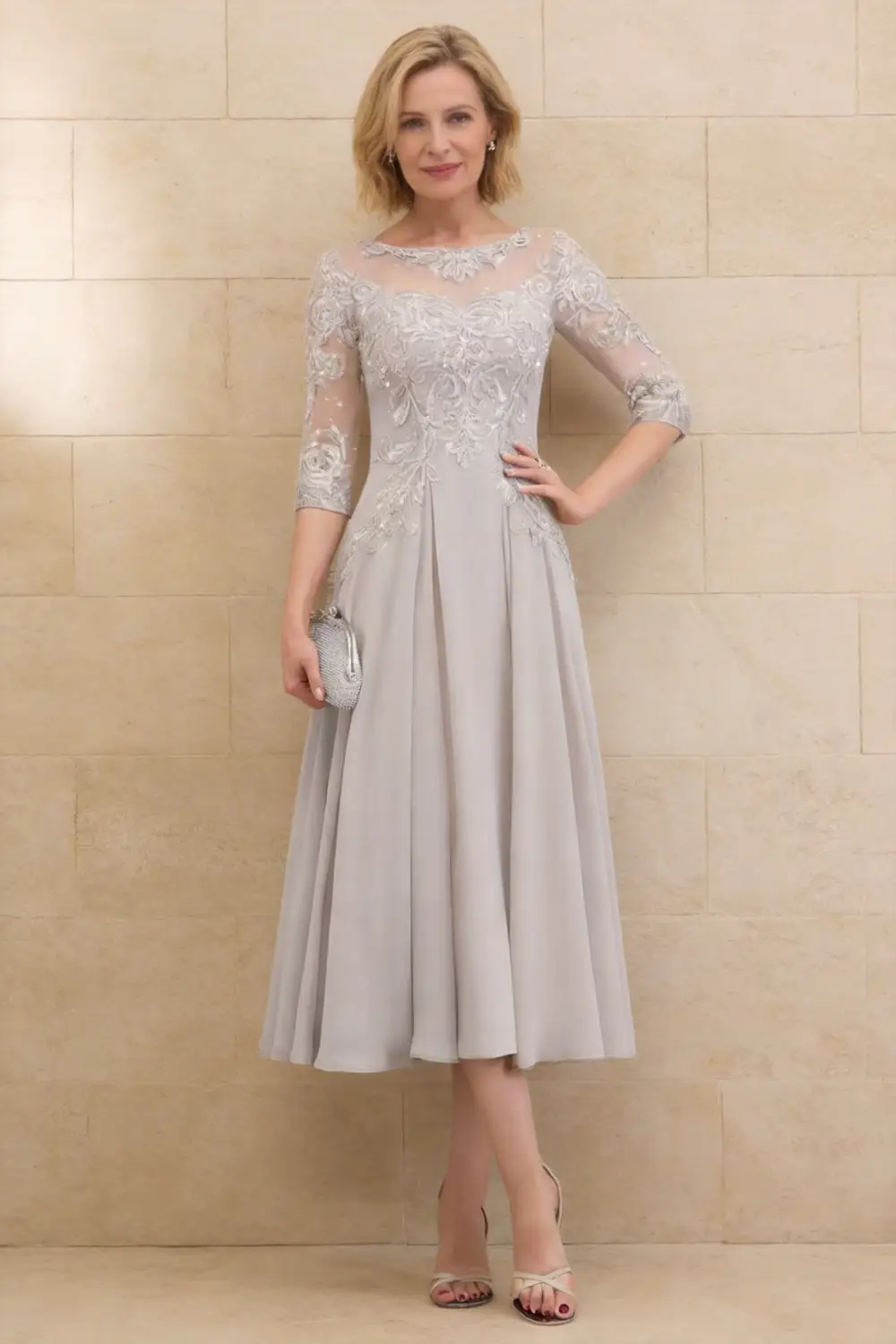 Elegant Silver Gray Lace Chiffon Tea Length Dress For Mother Of The Bride (ZD17155)