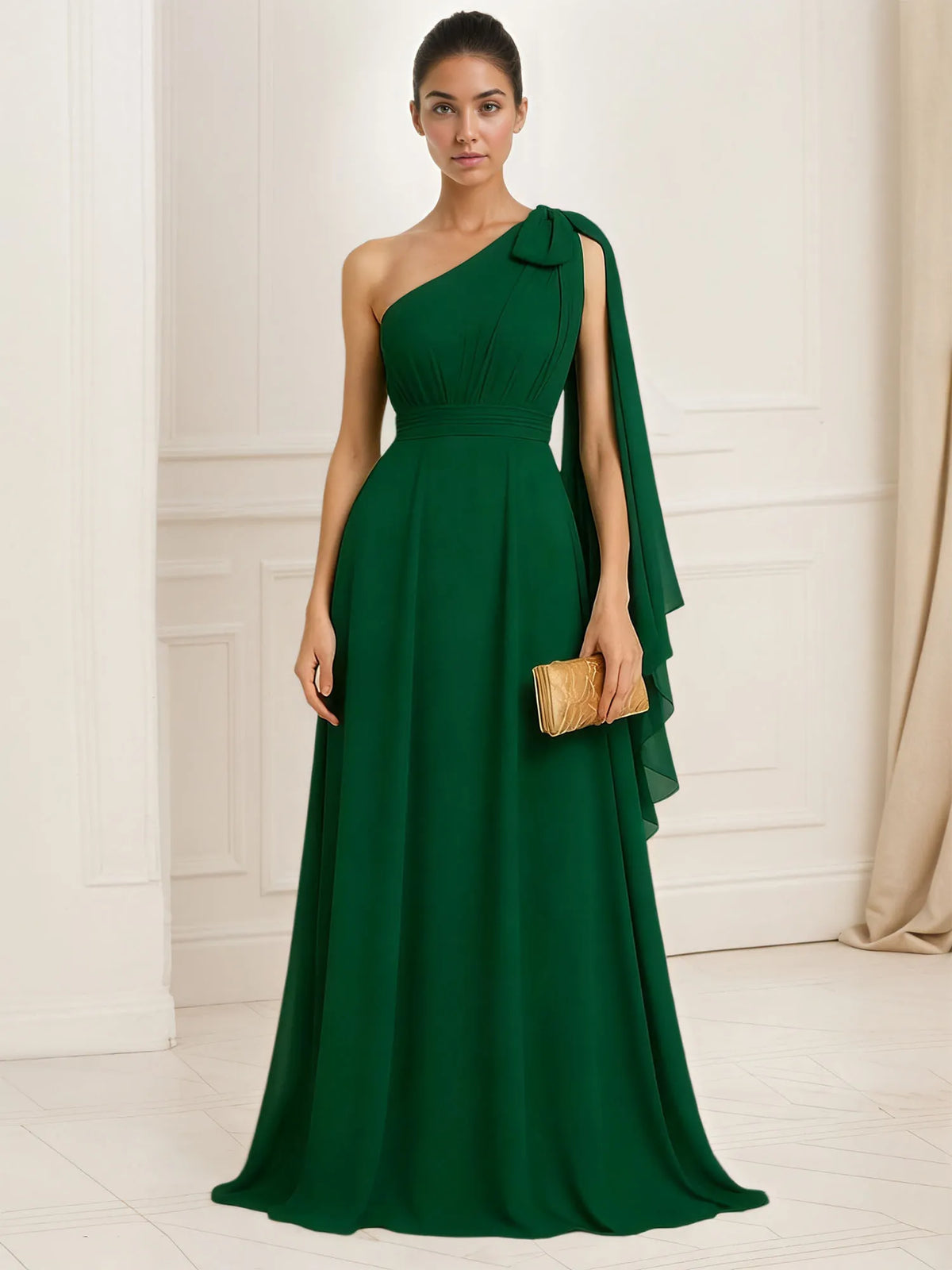 A-Line One-Shoulder Chiffon Pleated Bow Maxi Evening Dress - FashionDia