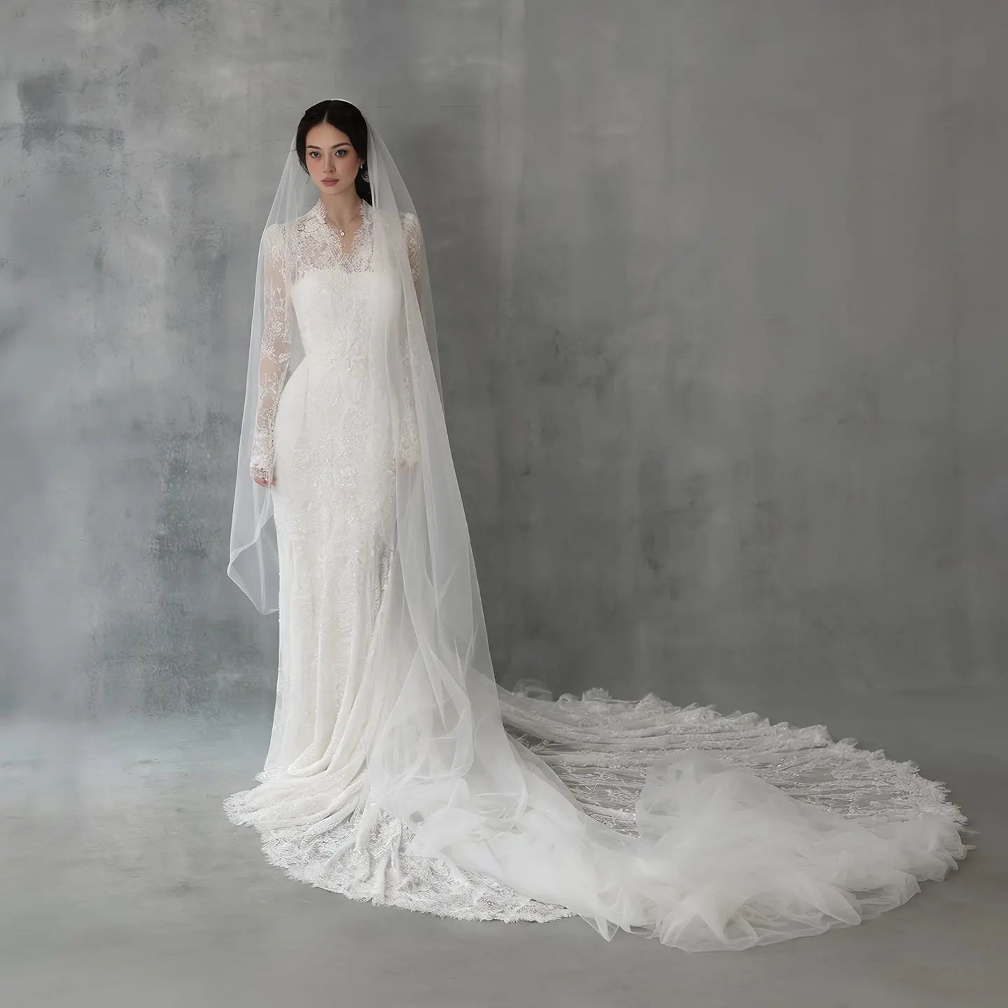 Elegant Ivory Lace High Neck Long Sleeve Train Mermaid Wedding Dress with Veil ZP108