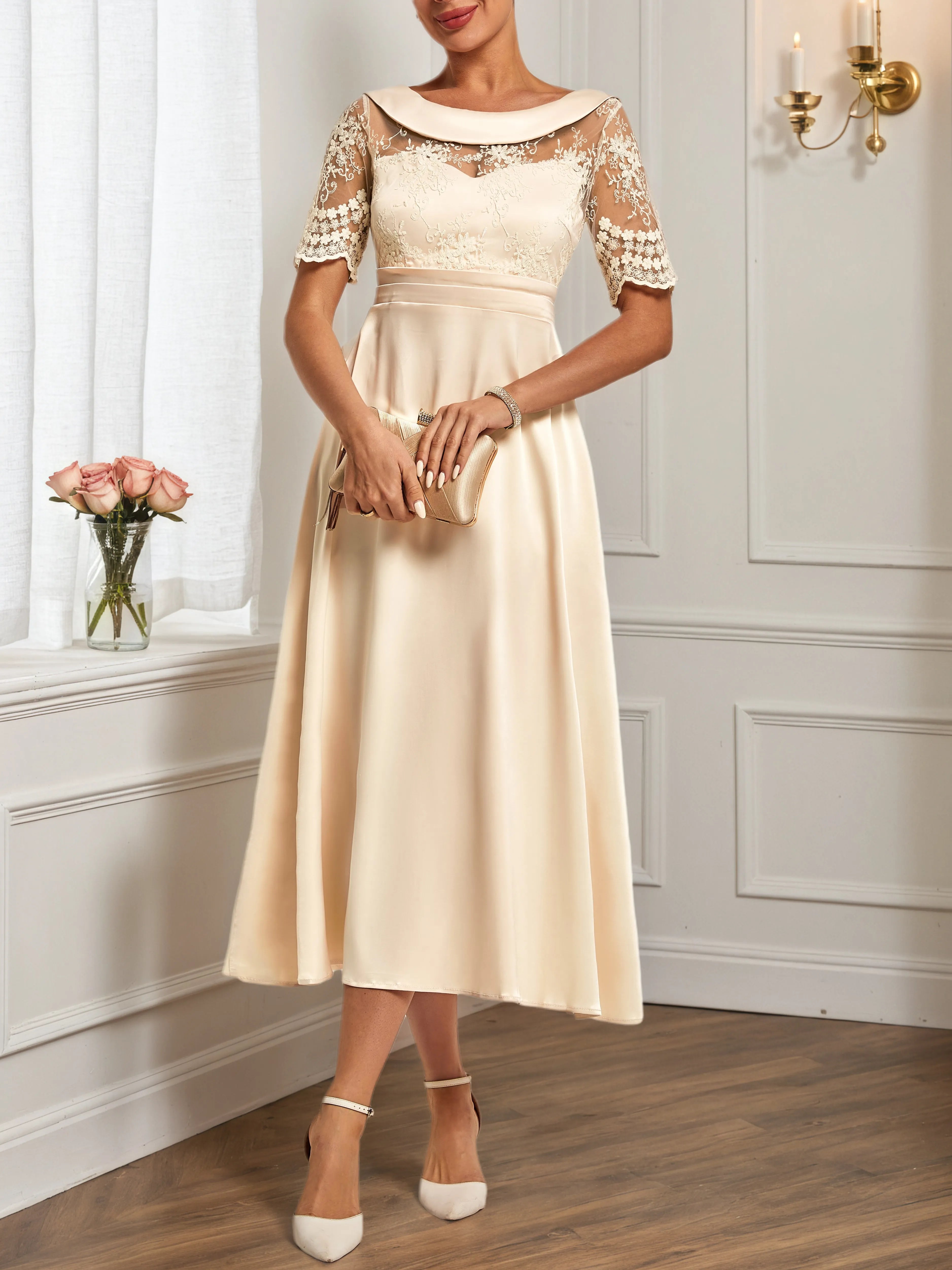Beige Lace Satin Crew Neck Short Sleeve A-Line Midi Dress