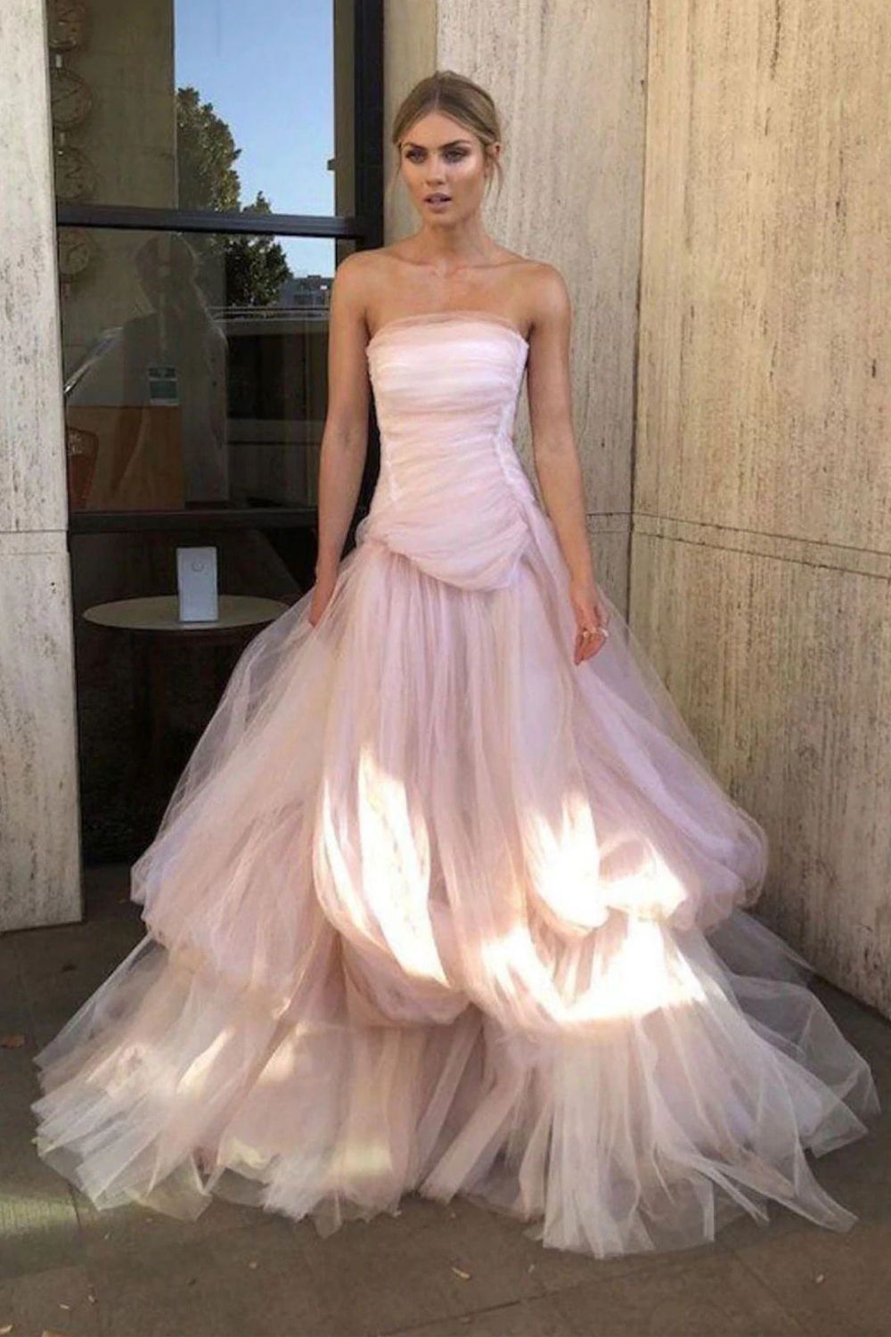 Charming A-Line Strapless Pink Long Prom Dress with Ruffles - FashionDia