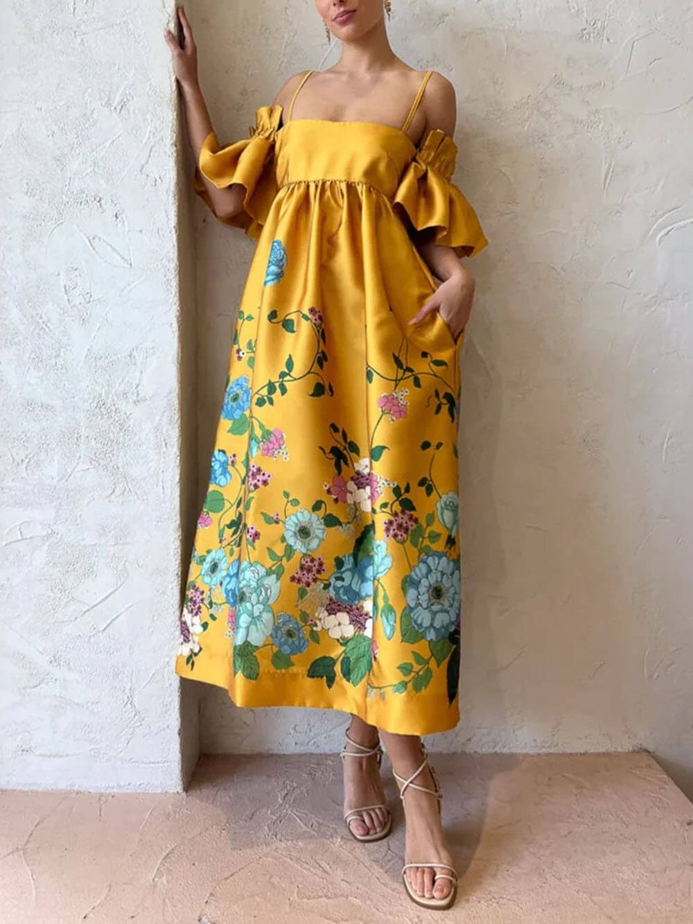 Marigold Printed Gathered Sleeve Pocketed A - Line Midi Dress
