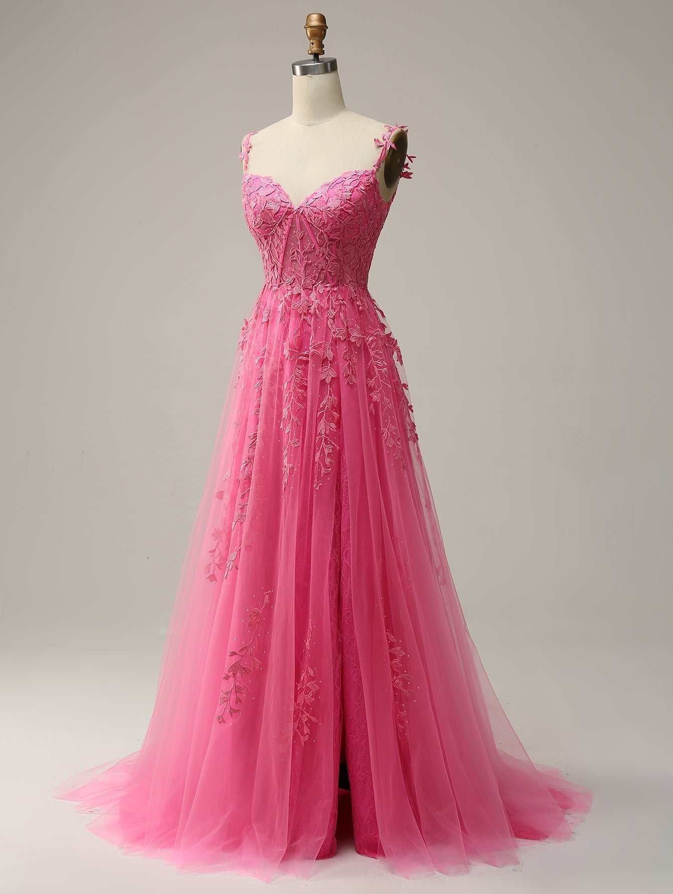 A Line Lilac Straps Lace Long Prom Dress - Fashionpara