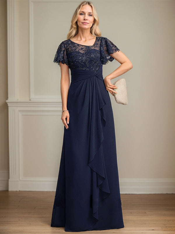 A-line Asymmetrical Illusion Floor-Length Lace Chiffon Mother of the Bride Dress With Cascading Ruffles Sequins - View 2 | FashionDia