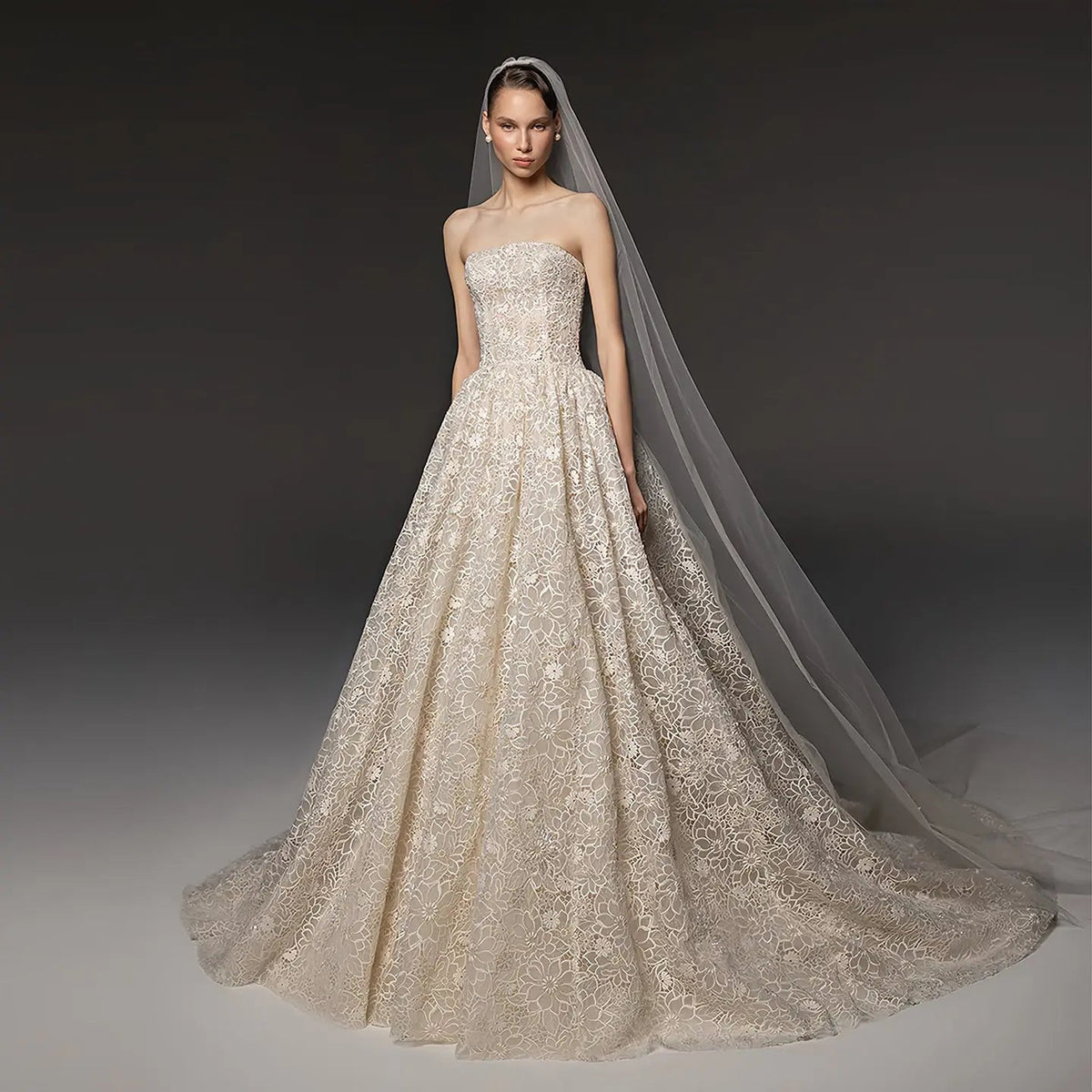 Regal Champagne Strapless Allover Lace Ball Gown Wedding Dress with Veil ZP081