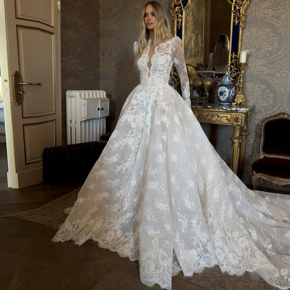 Luxury White High Neck Sequin Long Sleeve Lace A-Line Wedding Dress ZP094