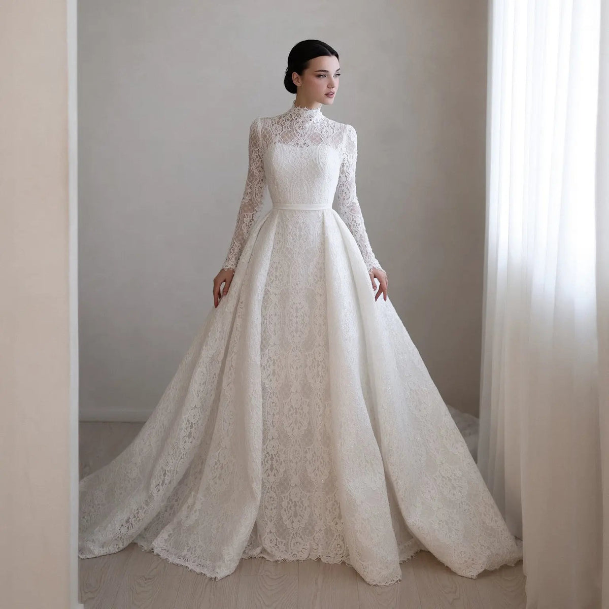 Luxury High Neck Lace Wedding Dress with Overskirt ZP174