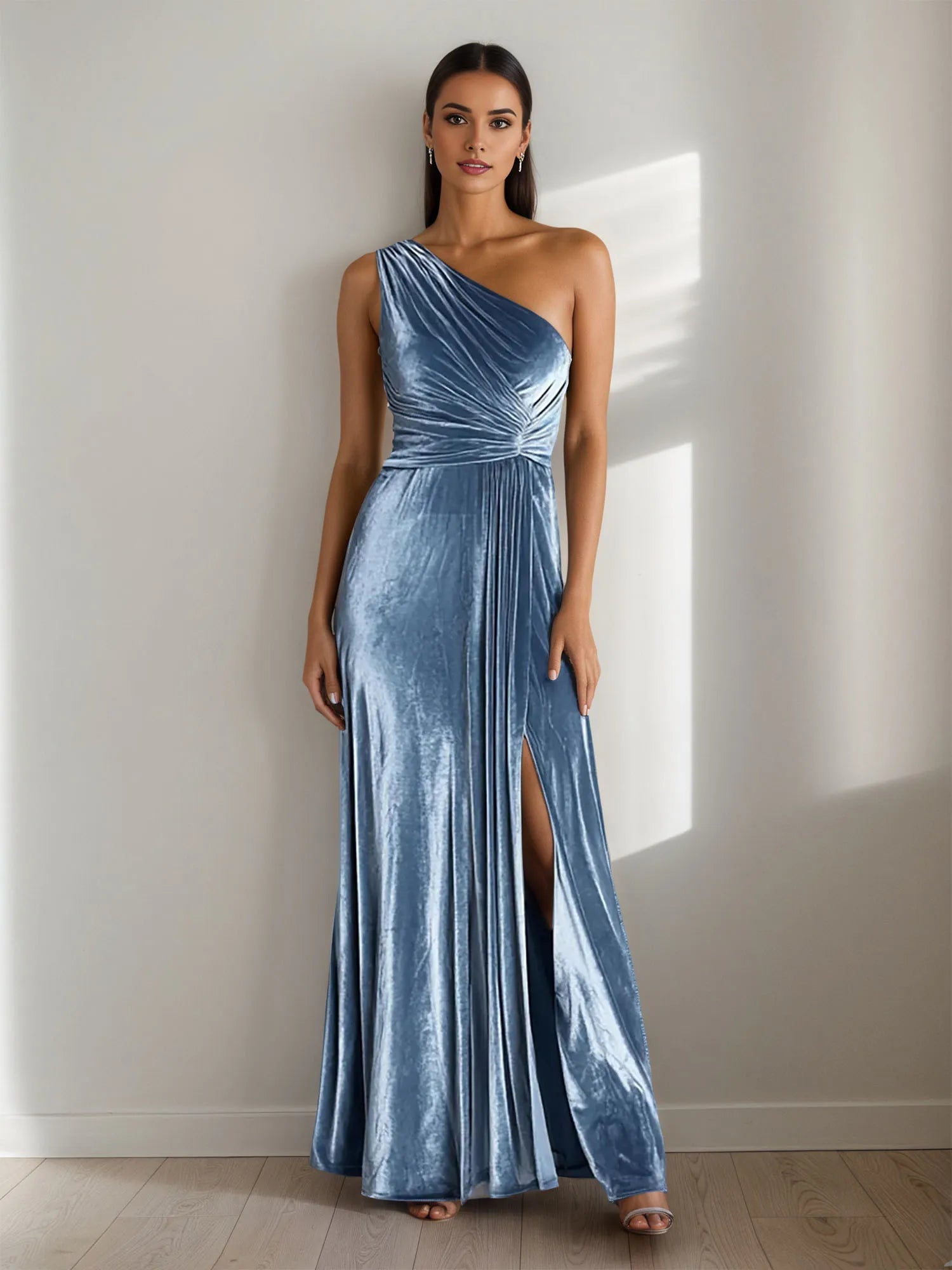 One Shoulder Ruched Maxi Holiday Party Dress with Slit