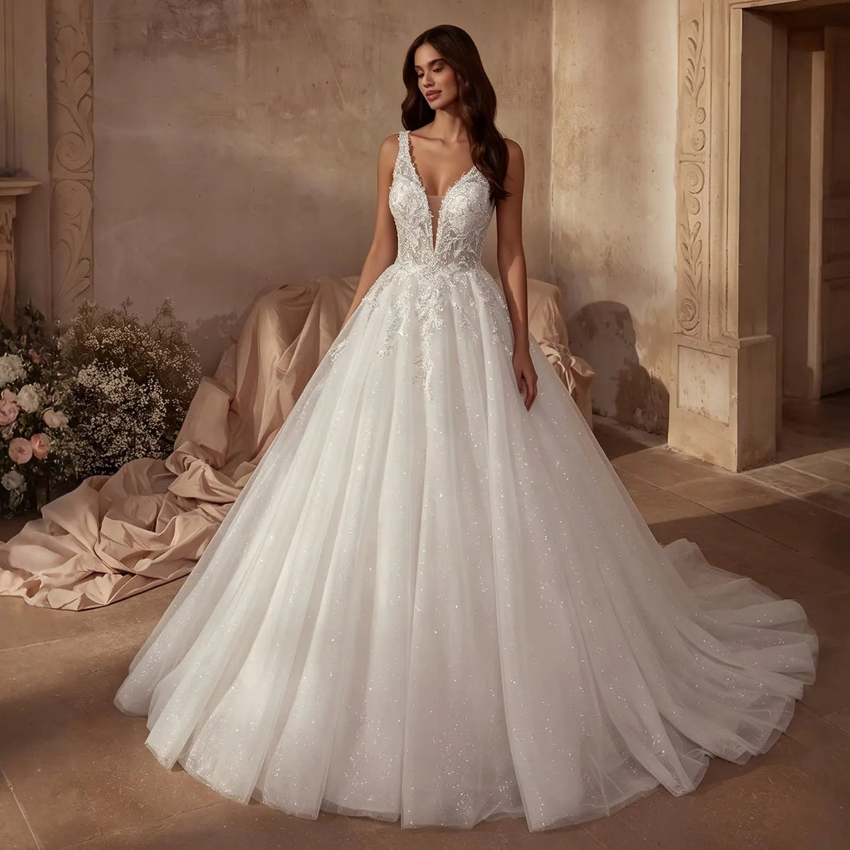 Dreamy White Glitter Tulle Wedding Dress with Lace Bodice and Corset Back ZP054