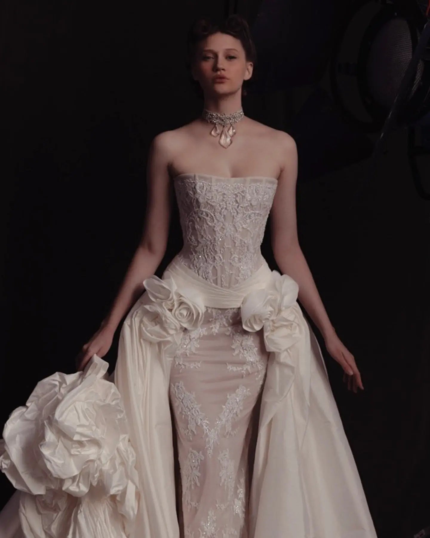 Luxury Ivory Strapless Lace 3D Floral Wedding Dress with Overskirt ZP148