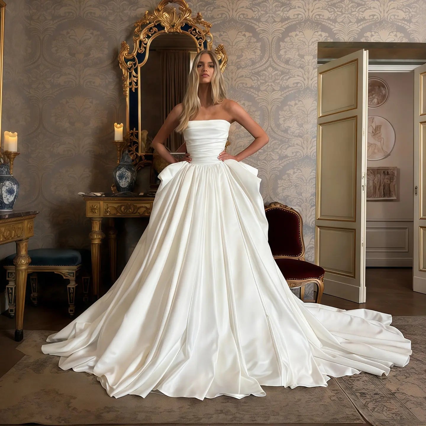 Luxury White Strapless Ruched Satin Ball Gown Wedding Dress ZP099